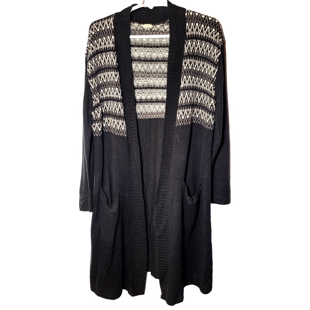 14th & Union Black Long Cardigan/Duster Fair Isle Upper‎ Pockets XL Boho Casual